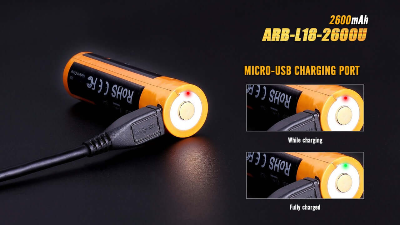 Fenix ARB-L18-2600U 18650 battery showing micro USB charging port and charge indicators.