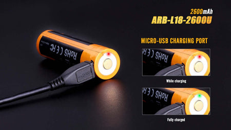 Fenix ARB-L18-2600U 18650 battery showing micro USB charging port and charge indicators.