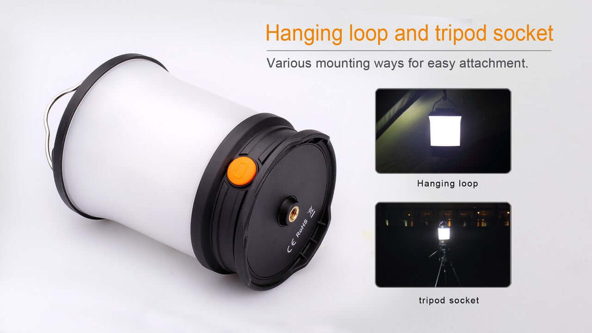 Fenix CL30R camping lantern showcasing hanging loop and tripod socket for versatile mounting options.