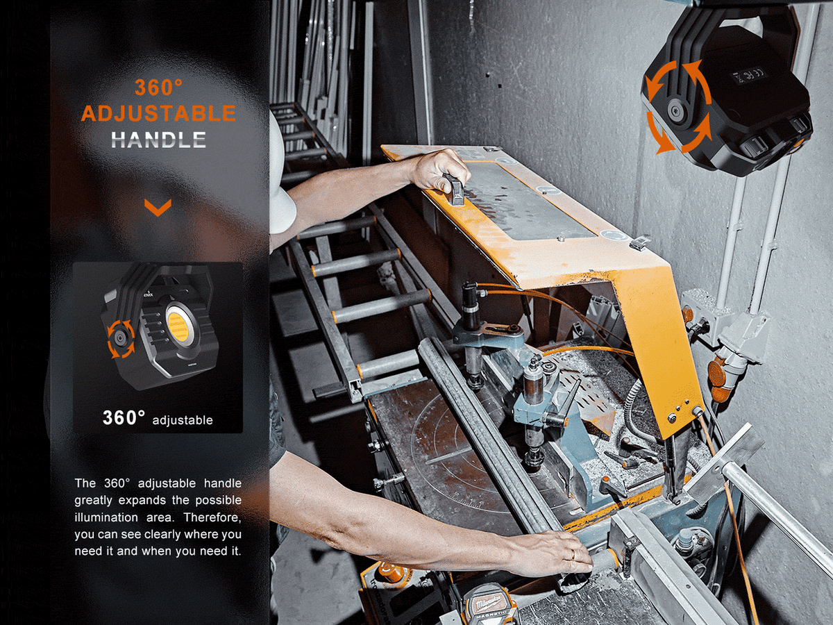 Person adjusting a 360° handle on a work surface with adjustable illumination features.