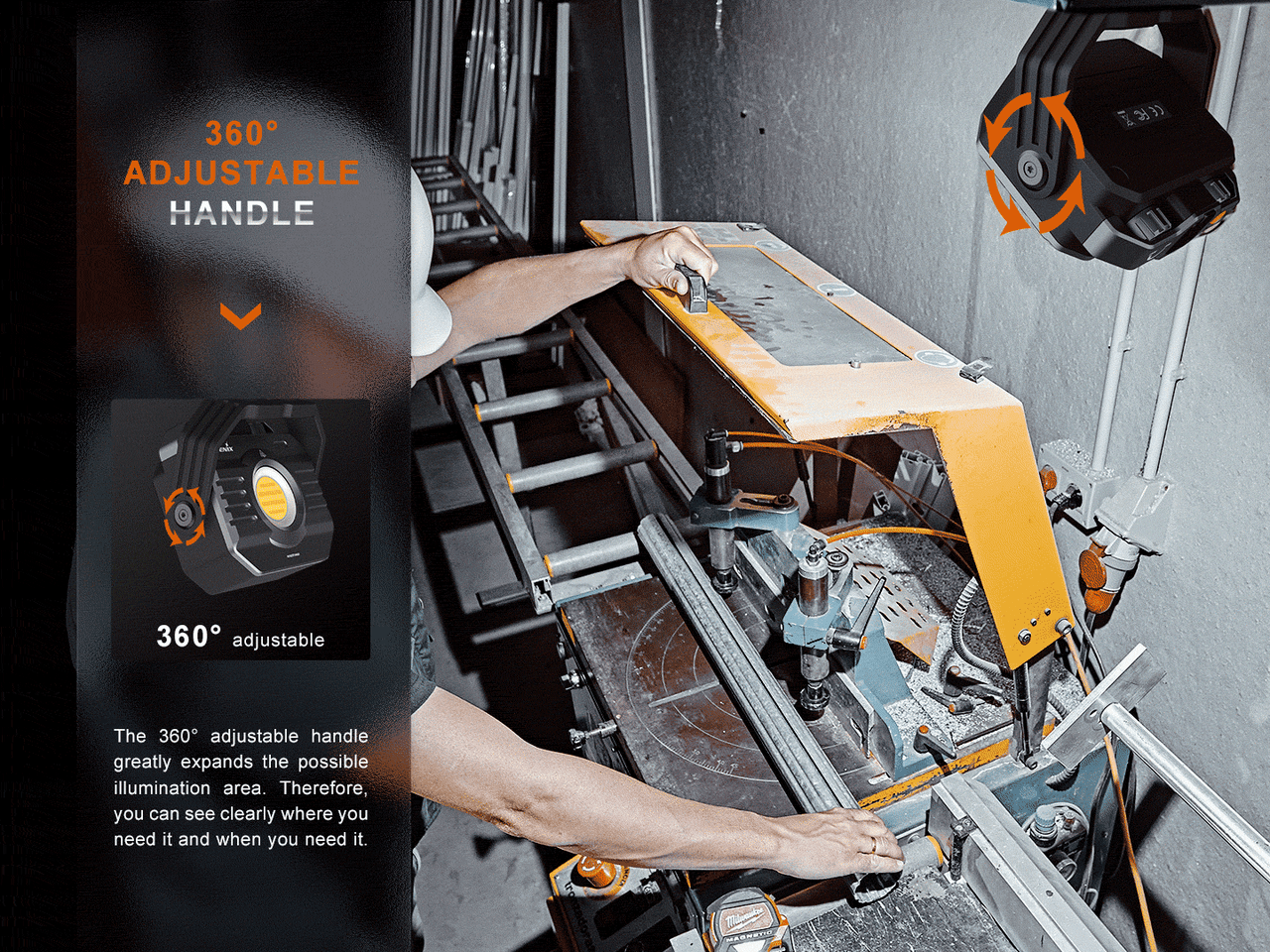 Person adjusting a 360° handle on a work surface with adjustable illumination features.