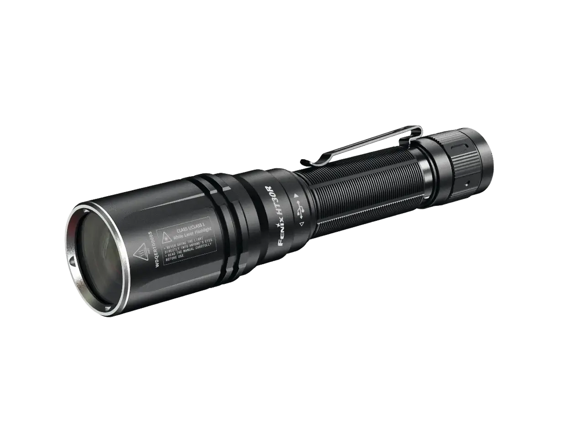 Fenix HT30R white laser flashlight showcasing precision beam for search and rescue and hiking adventures.