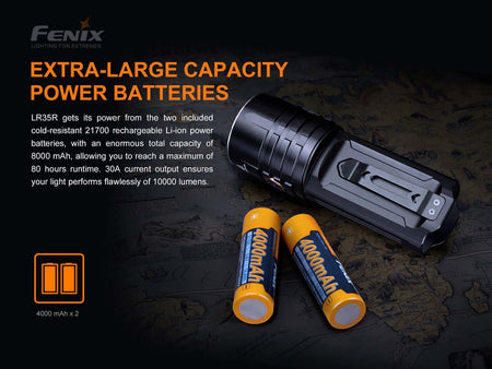 Fenix LR35R rechargeable flashlight with two 4000 mAh batteries providing 8000 mAh total capacity for optimal performance.