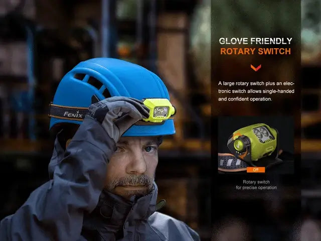 Fenix WH23R headlamp on worker's helmet demonstrating glove-friendly rotary switch functionality.