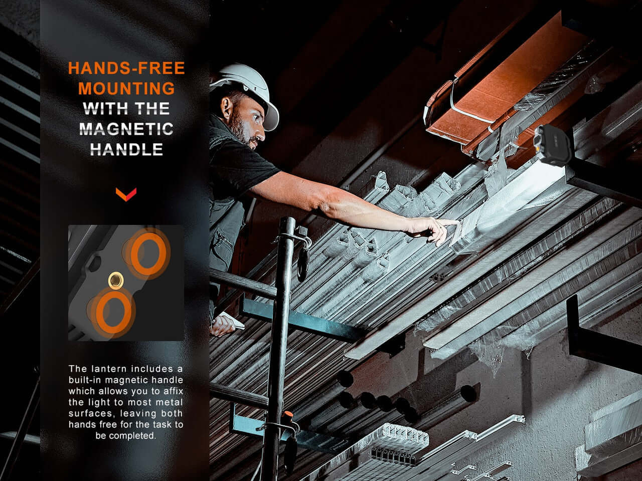 Hands-free mounting of Fenix CL28R lantern with magnetic handle for versatile use in various tasks.