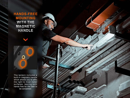 Hands-free mounting of Fenix CL28R lantern with magnetic handle for versatile use in various tasks.