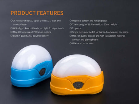 Fenix CL20R camping lantern features: USB rechargeable, 300 lumens, red LED, magnetic base, and IP66 rated protection.