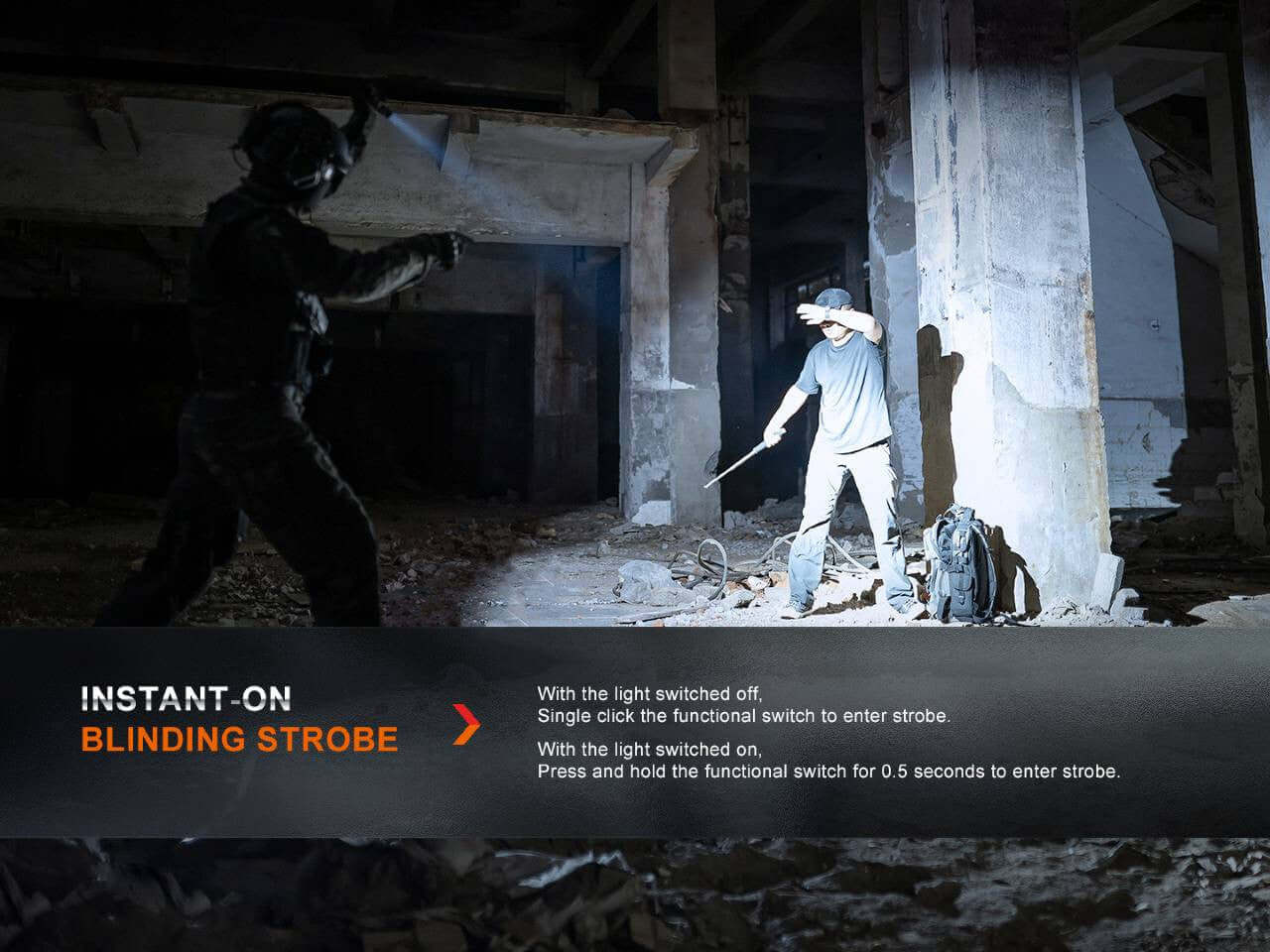 Fenix PD36R Pro flashlight demonstrating instant-on blinding strobe in a tactical environment.