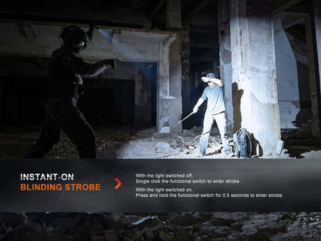 Fenix PD36R Pro flashlight demonstrating instant-on blinding strobe in a tactical environment.