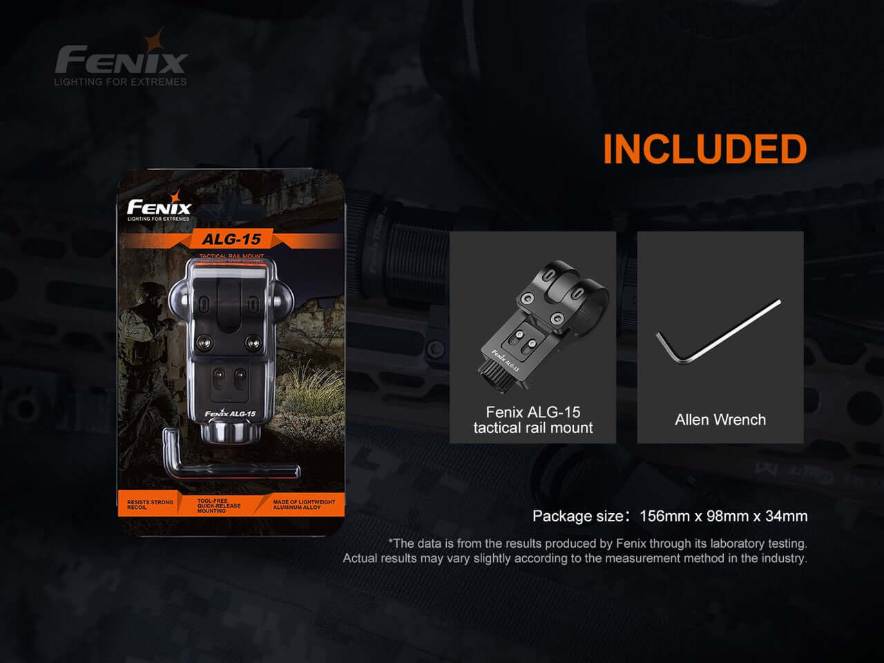 Fenix ALG-15 Tactical Rail Mount package with included Allen wrench on a textured background.