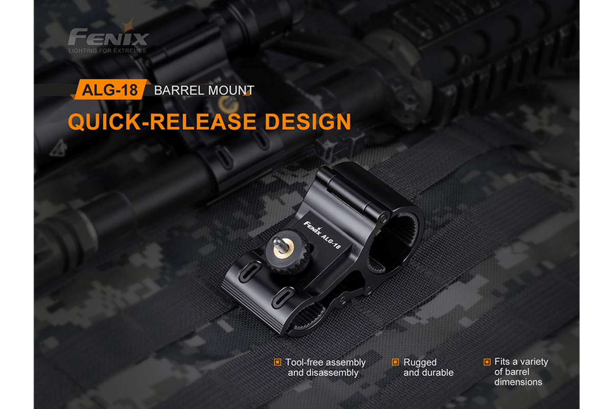 Fenix ALG-18 Flashlight Barrel Mount featuring quick-release design, rugged durability, and tool-free assembly.