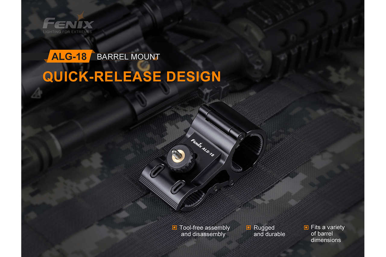 Fenix ALG-18 Flashlight Barrel Mount featuring quick-release design, rugged durability, and tool-free assembly.