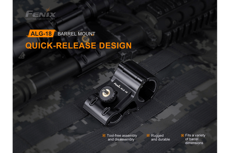 Fenix ALG-18 Flashlight Barrel Mount featuring quick-release design, rugged durability, and tool-free assembly.