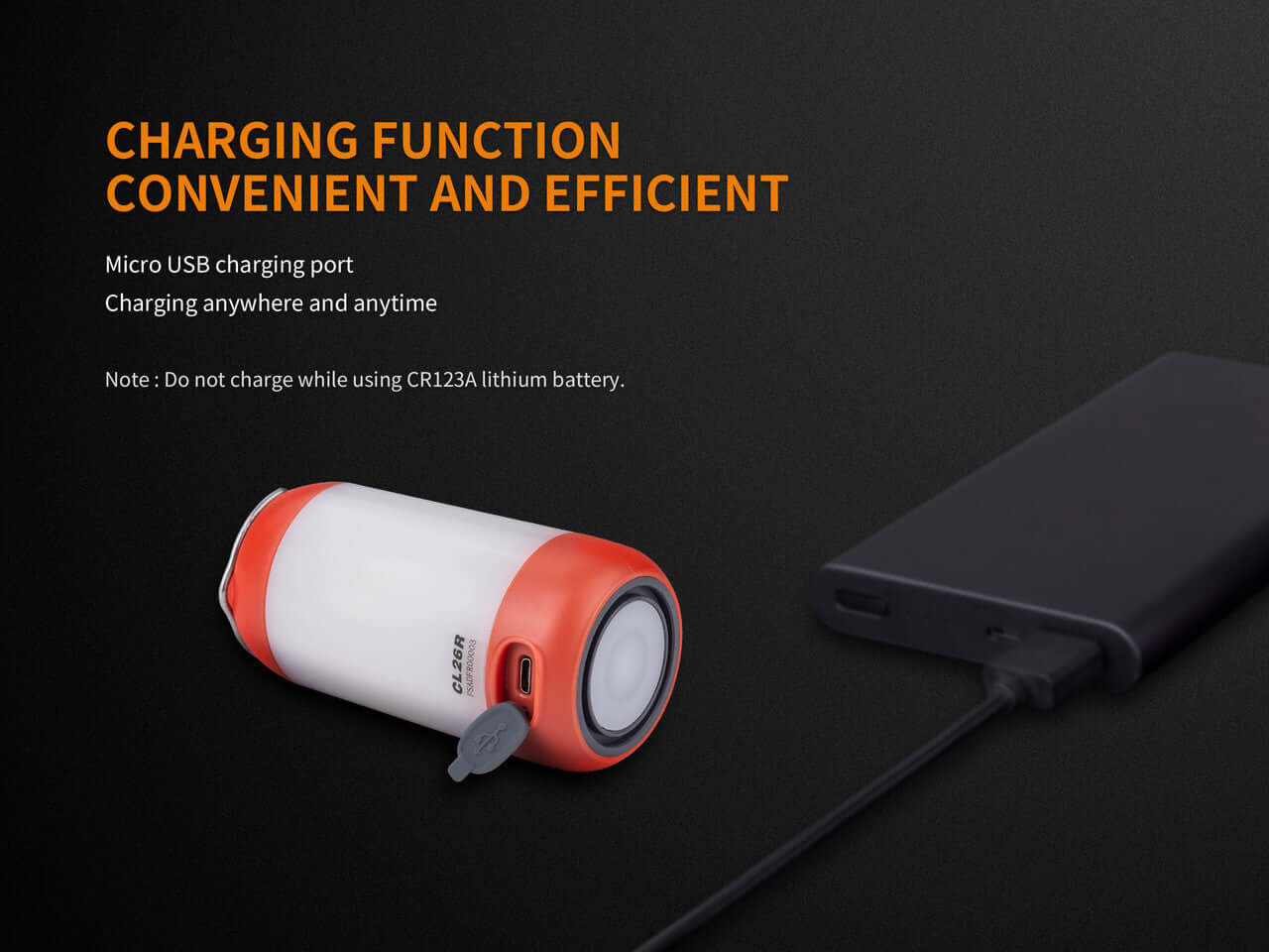 Fenix CL26R camping lantern with Micro USB charging port for efficient charging anywhere, paired with a power bank.