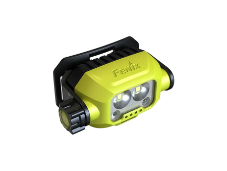 Fenix WH23R gesture sensing industrial headlamp with yellow casing and dual LED lights, ideal for hands-free convenience.