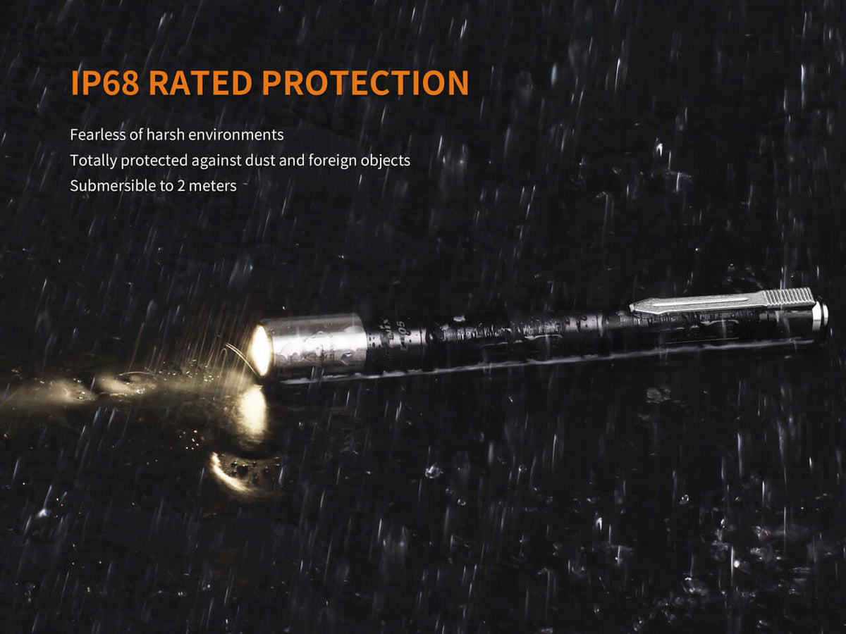 Fenix LD05 V2.0 flashlight showcasing IP68 rated protection against dust and water, submersible up to 2 meters.