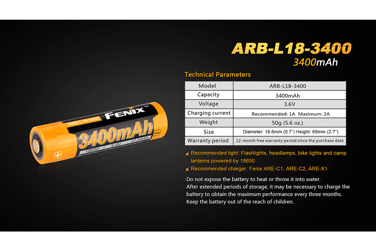 Fenix ARB-L18-3400 rechargeable 18650 battery with 3400mAh capacity and technical specifications.