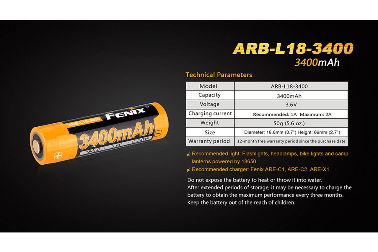 Fenix ARB-L18-3400 rechargeable 18650 battery with 3400mAh capacity and technical specifications.