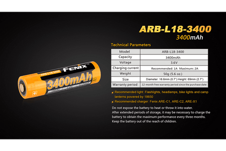 Fenix ARB-L18-3400 rechargeable 18650 battery with 3400mAh capacity and technical specifications.