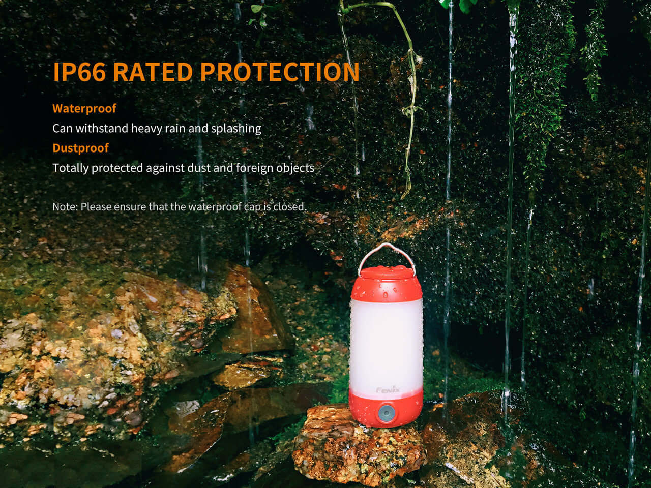 Fenix CL26R camping lantern showcasing IP66 rated waterproof and dustproof features in a natural setting.