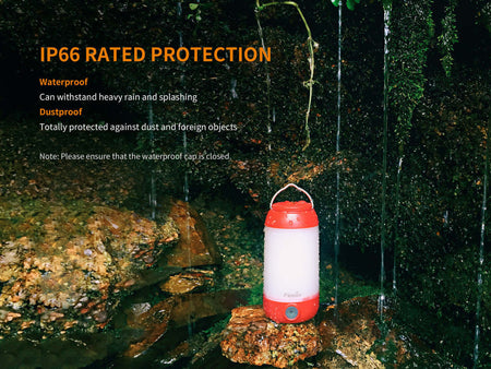 Fenix CL26R camping lantern showcasing IP66 rated waterproof and dustproof features in a natural setting.