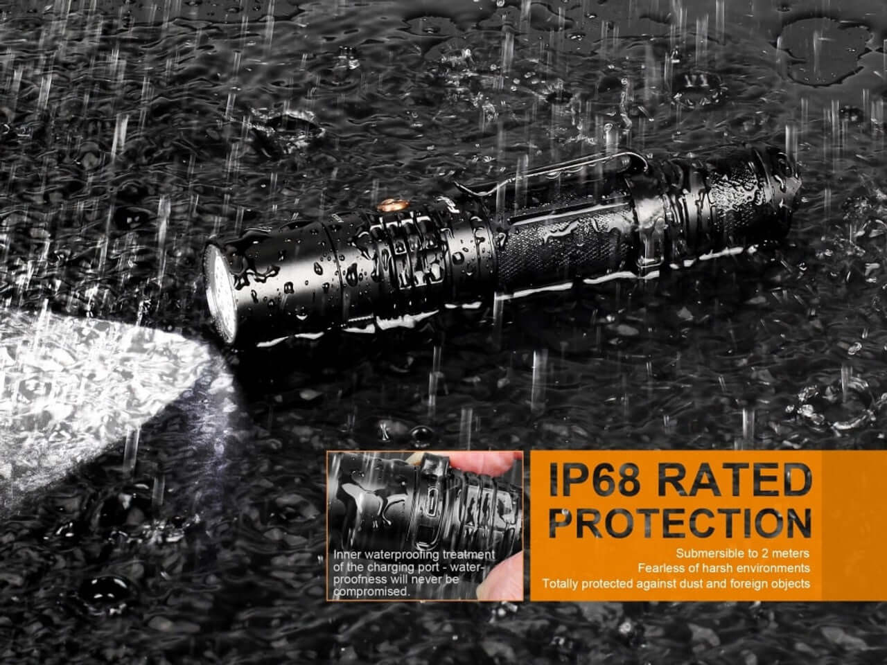 Fenix UC35 V2.0 rechargeable flashlight demonstrating IP68 rated waterproof protection in rain.