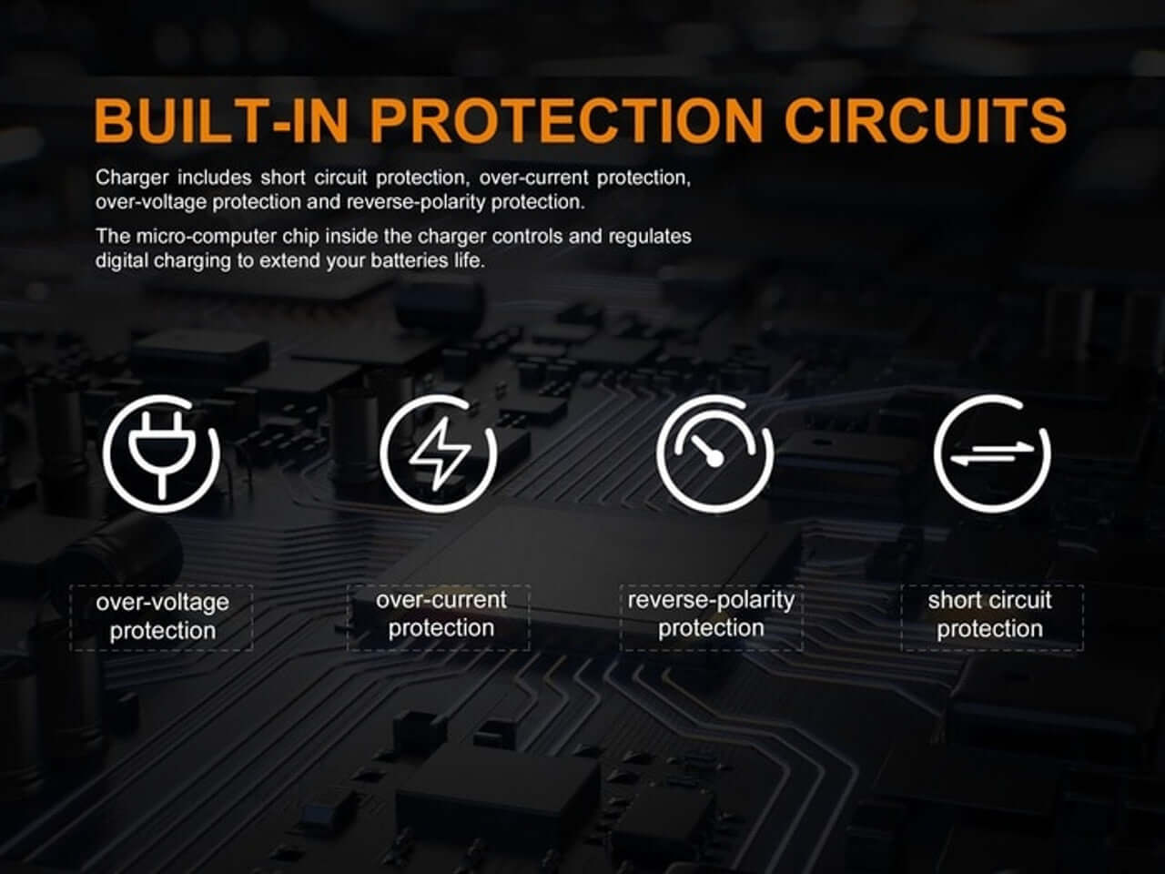 Image showing built-in protection circuits: short circuit, over-current, reverse-polarity, and over-voltage protection.