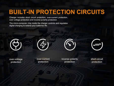 Image showing built-in protection circuits: short circuit, over-current, reverse-polarity, and over-voltage protection.