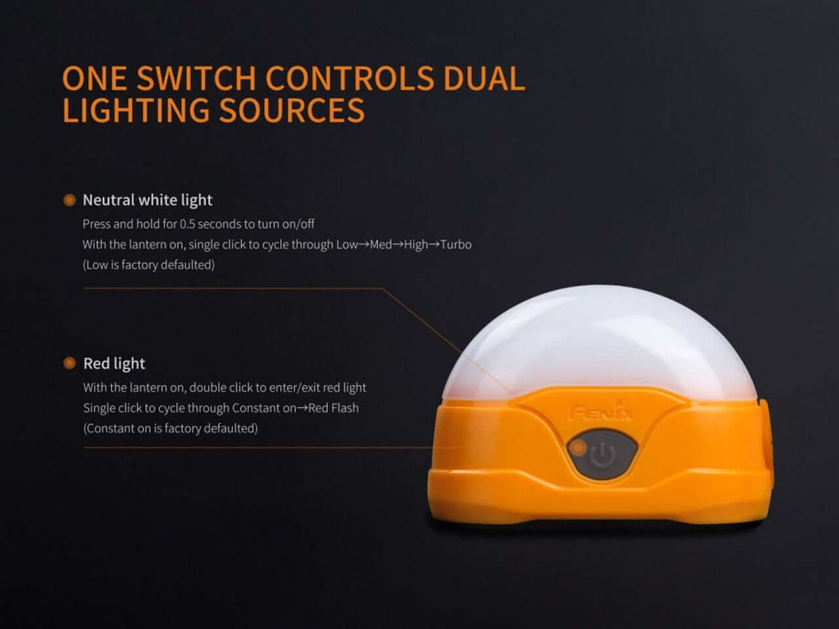 Fenix CL20R camping lantern showing switch control and dual lighting options for white and red light.