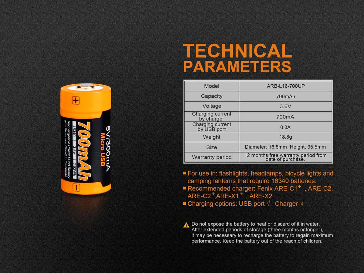 Fenix ARB-L16-700UP 700mAh rechargeable battery technical parameters and specifications.