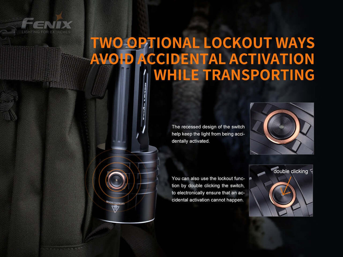 Fenix LR35R Flashlight lockout features preventing accidental activation during transport.
