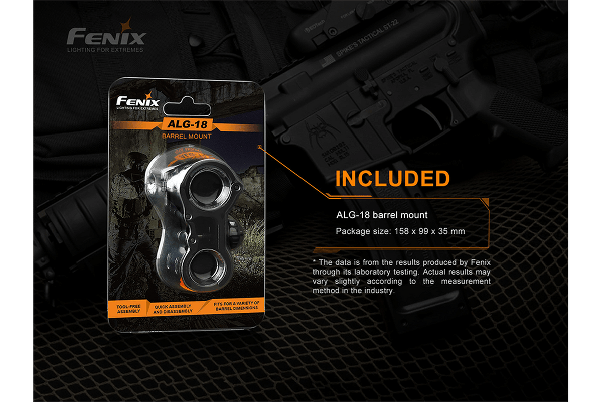 Fenix ALG-18 Flashlight Barrel Mount packaging with measurement details and tactical background.