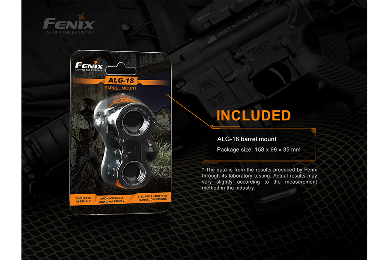 Fenix ALG-18 Flashlight Barrel Mount packaging with measurement details and tactical background.