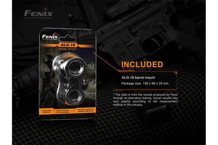 Fenix ALG-18 Flashlight Barrel Mount packaging with measurement details and tactical background.