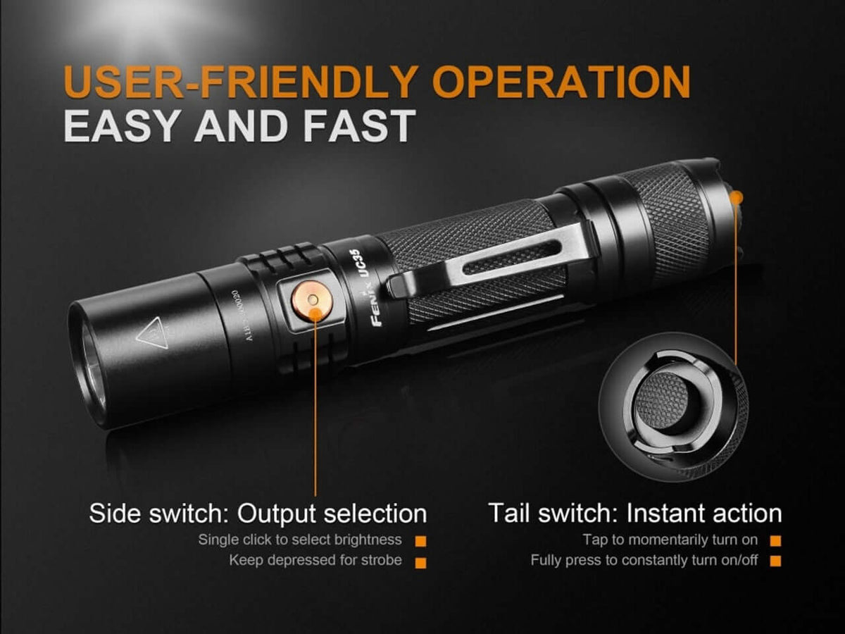 Fenix UC35 V2.0 flashlight showing user-friendly operation with side and tail switches for easy control and brightness selection.