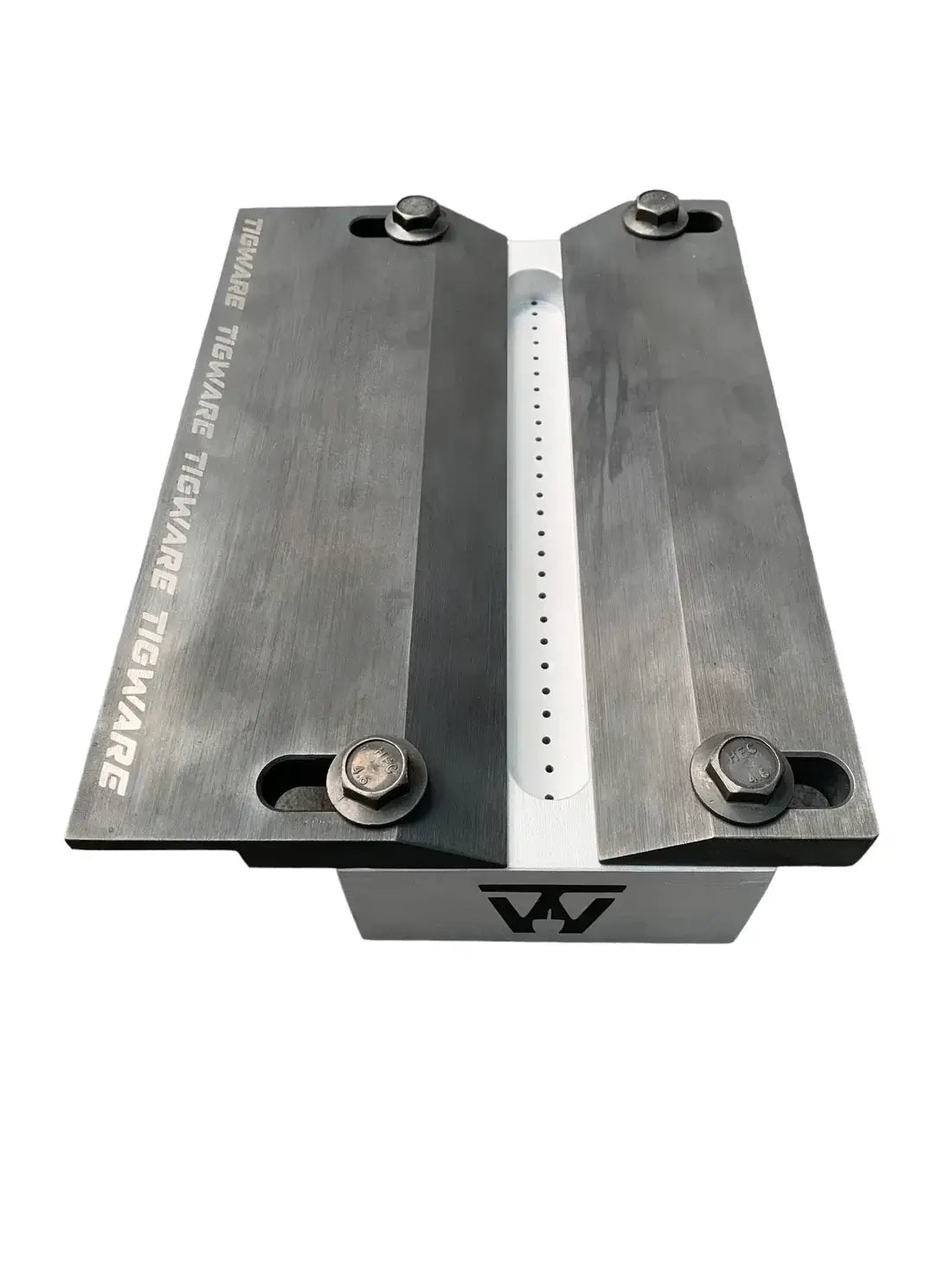 AERO Aerospace TIG Welding Test Fixture showcasing aluminum clamping plates and carbon steel flange bolts.