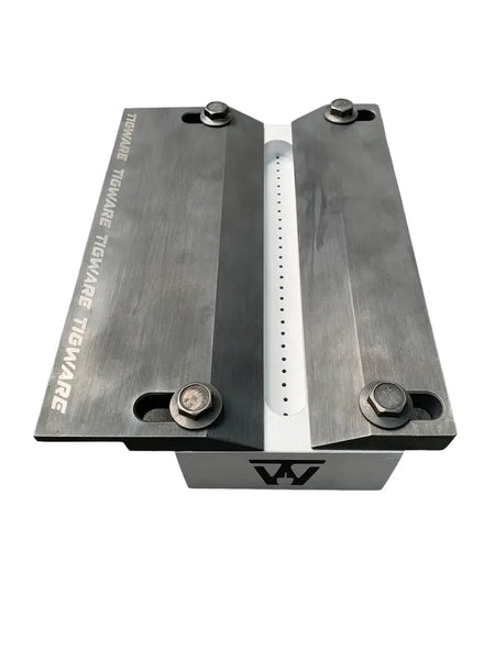 AERO Aerospace TIG Welding Test Fixture showcasing aluminum clamping plates and carbon steel flange bolts.
