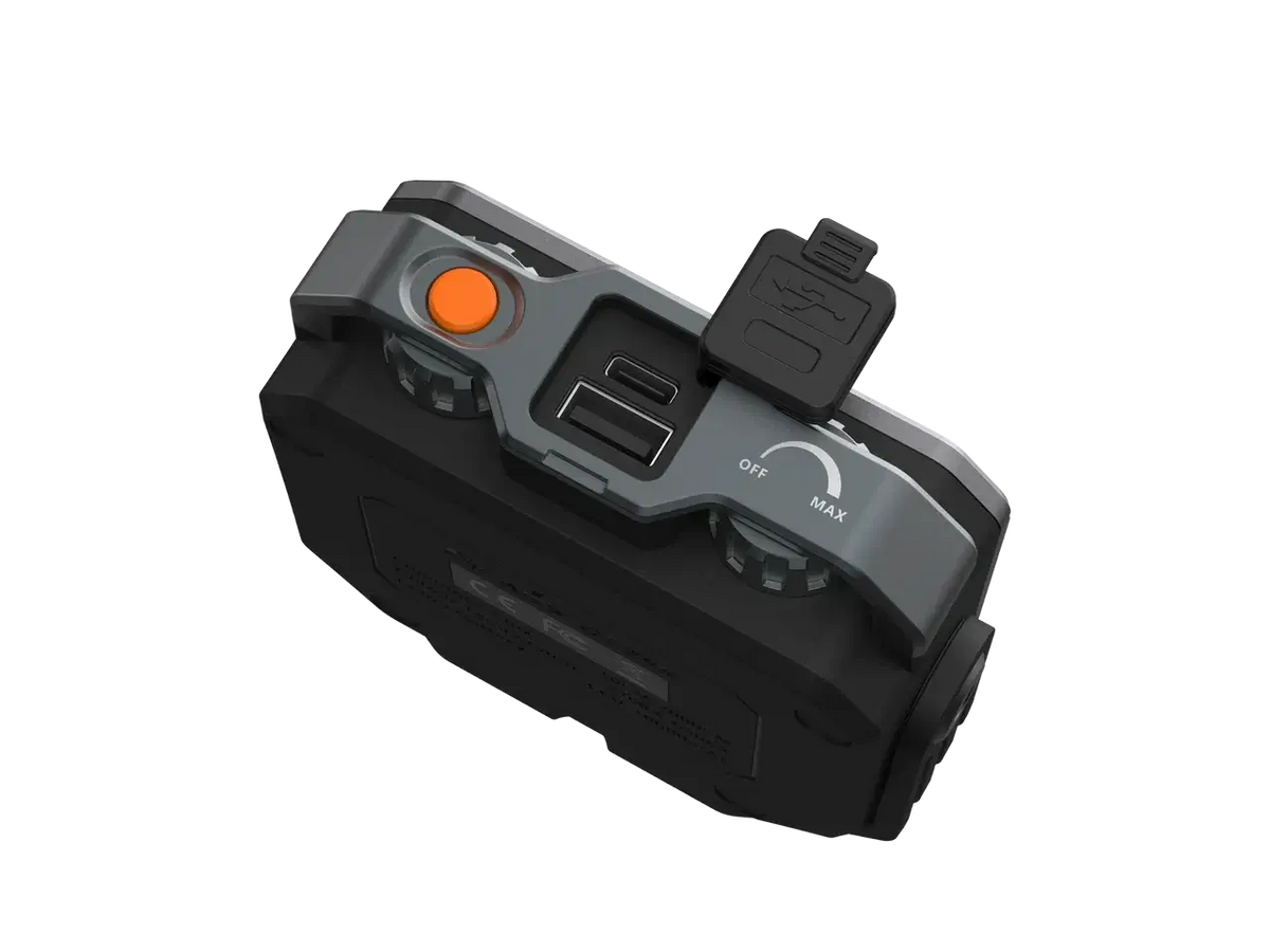 Fenix CL28R multifunctional outdoor lantern top view showing USB port and brightness controls.