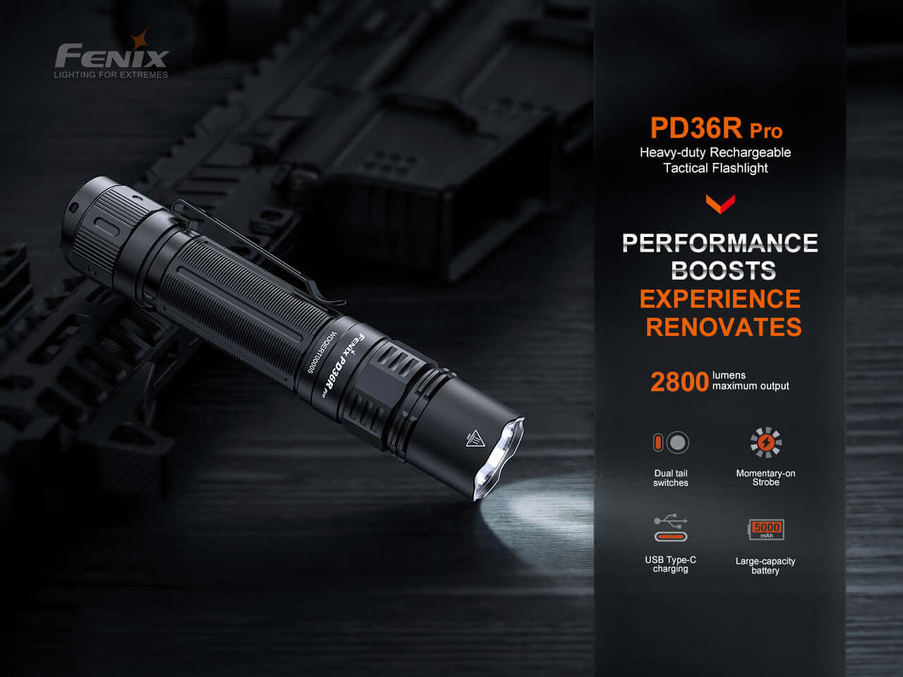 Fenix PD36R Pro flashlight showcasing 2800 lumen output and tactical features against a dark background.