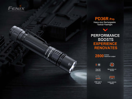 Fenix PD36R Pro flashlight showcasing 2800 lumen output and tactical features against a dark background.