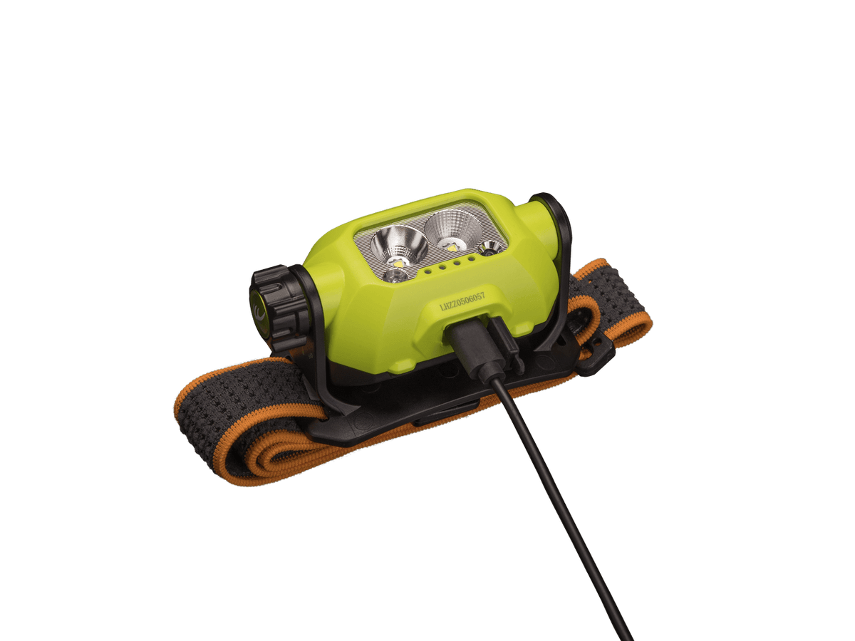 Fenix WH23R Gesture Sensing Industrial Headlamp with adjustable strap and charging port, showcasing hands-free convenience.