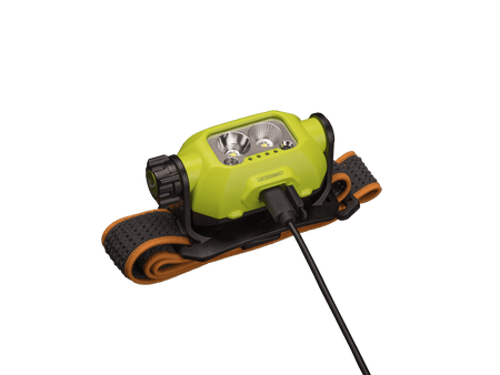 Fenix WH23R Gesture Sensing Industrial Headlamp with adjustable strap and charging port, showcasing hands-free convenience.