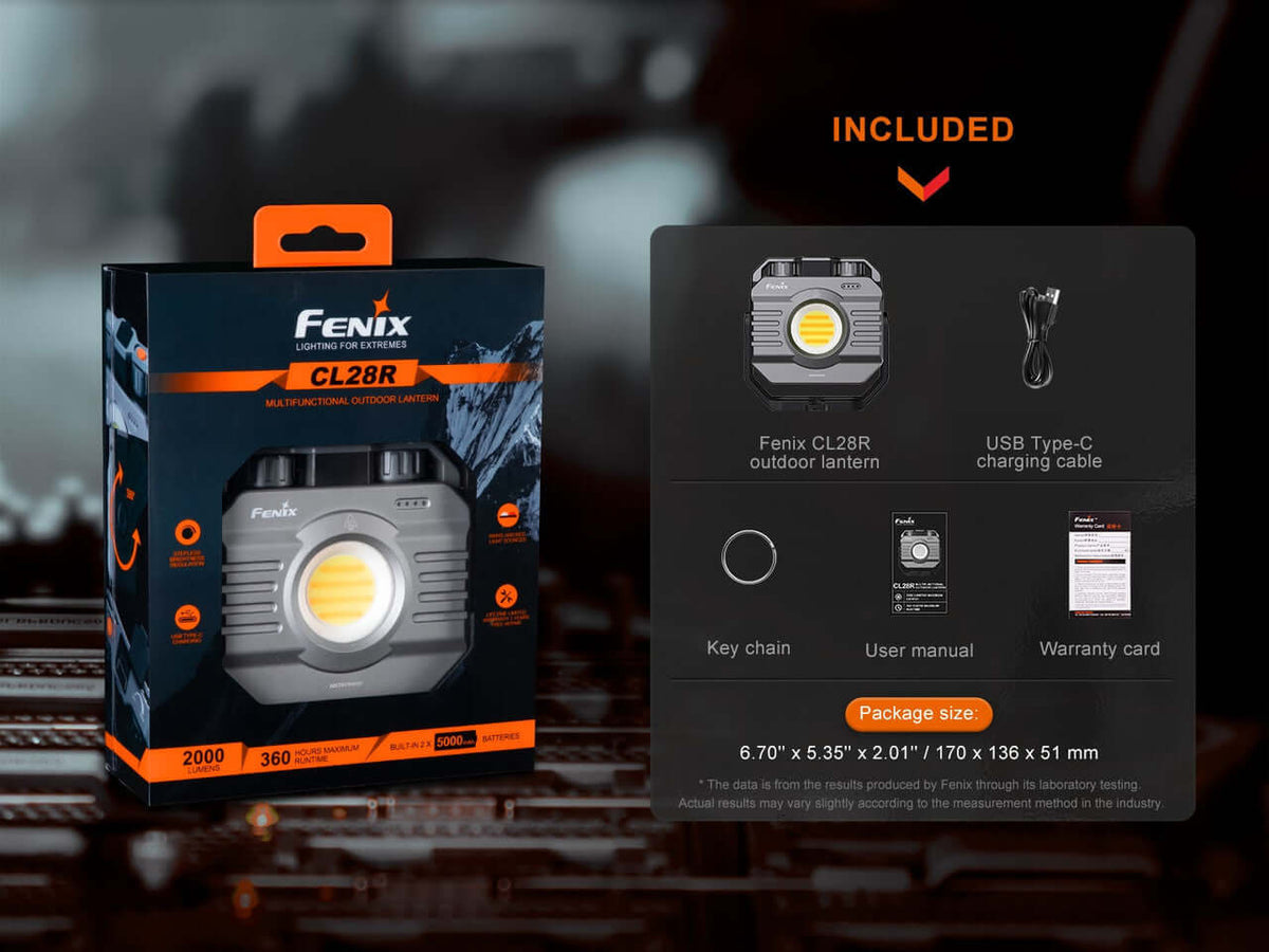 Fenix CL28R multifunctional outdoor lantern packaging with included accessories and specifications.