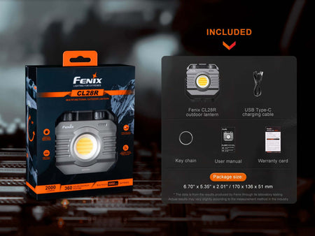 Fenix CL28R multifunctional outdoor lantern packaging with included accessories and specifications.