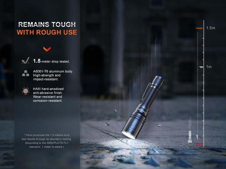 Fenix HT30R flashlight showcasing its durable aluminum body and drop test results for rugged use.