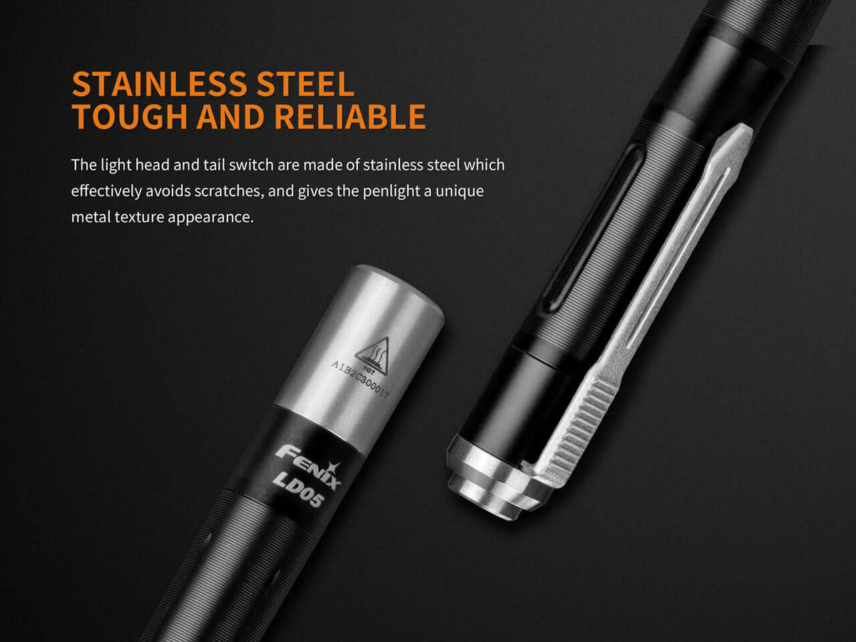 Close-up of Fenix LD05 V2.0 EDC Flashlight highlighting its stainless steel design, showcasing durability and style.