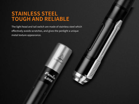 Close-up of Fenix LD05 V2.0 EDC Flashlight highlighting its stainless steel design, showcasing durability and style.