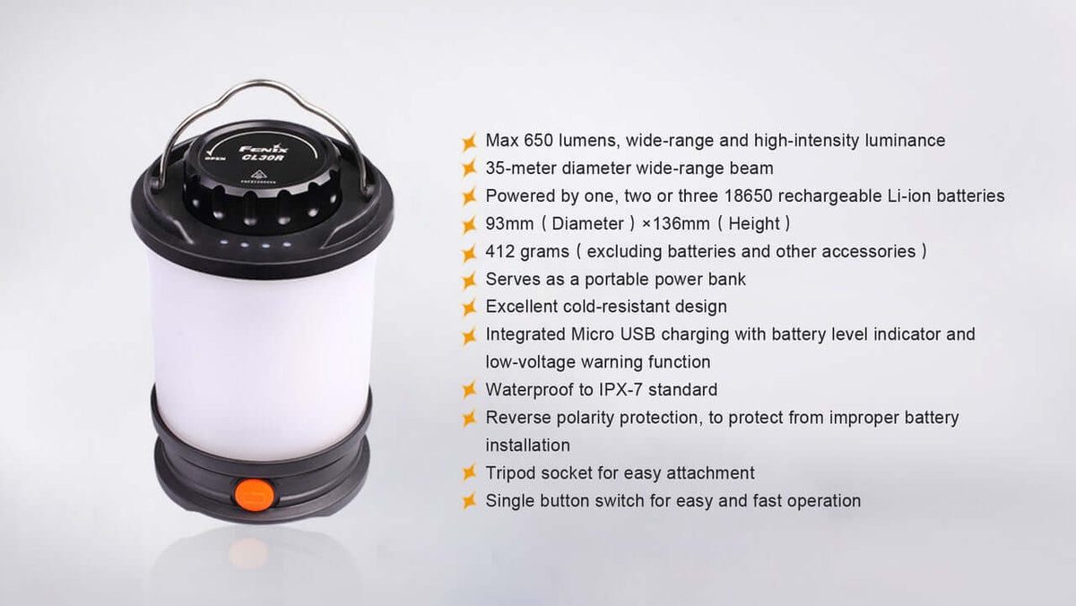 Fenix CL30R Rechargeable Camping Lantern with 650 lumens, waterproof, power bank capability, and tripod socket.