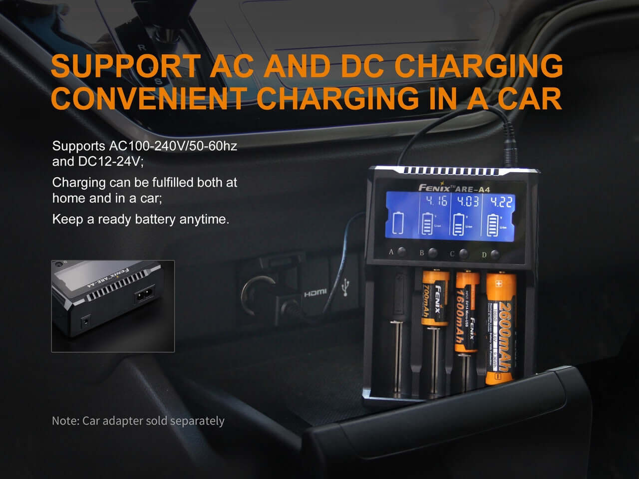 Fenix ARE-A4 charger demonstrating AC and DC charging capabilities in a vehicle, showing battery slots and digital display.