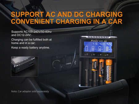 Fenix ARE-A4 charger demonstrating AC and DC charging capabilities in a vehicle, showing battery slots and digital display.